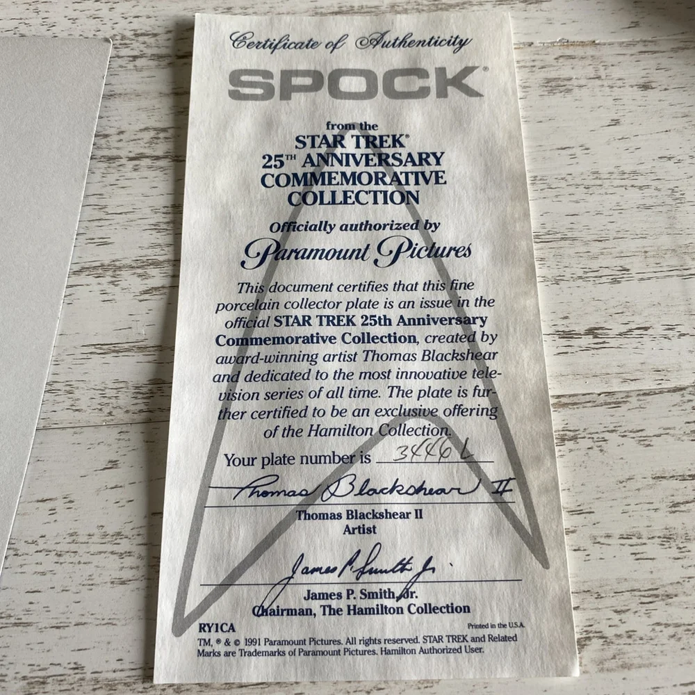 Vintage 1991 Star Trek Spock 25th Anniversary Hamilton Plate COA